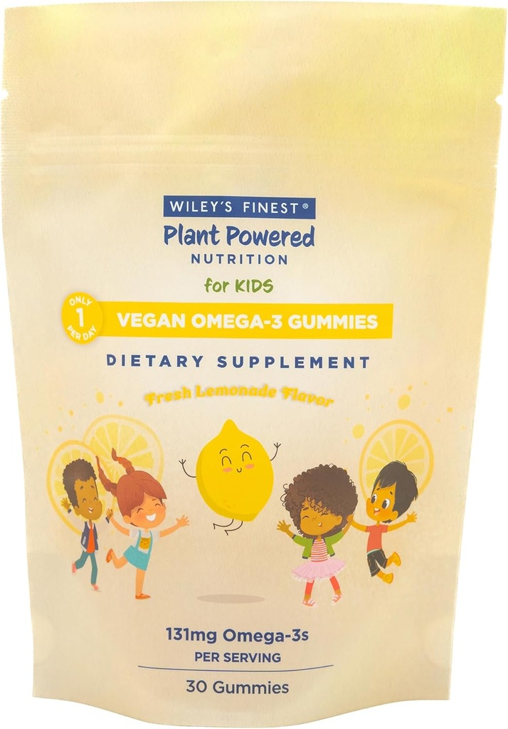 Les enfants les plus fins de Wiley Omega-3 Gommies végétaliens - Sucre naturel - Végétarien DHA, ALA et SDA - Sans gluten - Lemon Flavor, 30 Gommies