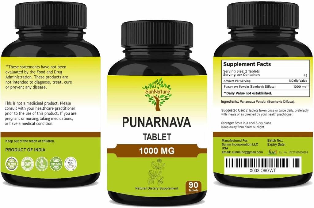 Comprimés de Punarnava 90 comprimés, 1000 mg, 45 jours d'approvisionnement