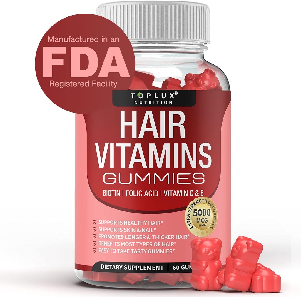 Supplément de vitamines pour cheveux pour les femmes et les hommes – Vitamines de croissance des cheveux 5000mcg Biotine Gummies, Acide folique, Vitamine C & E, Soutien cheveux plus forts et plus épais, peau, ongles, Végétaux non OGM pour, 60 Compte