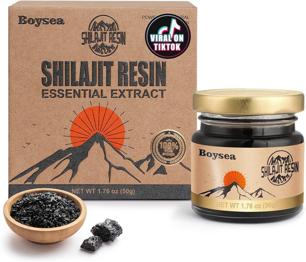 Boysea Shilajit Résine $ 600 mg 80+ Servants $ 85+ Trace Minerals & 75%+ Acid Fulvic pour Focus & Energy $ Zero Sugar $ Or grade Pure Shilajit pour les hommes et les femmes - 1,76 Oz