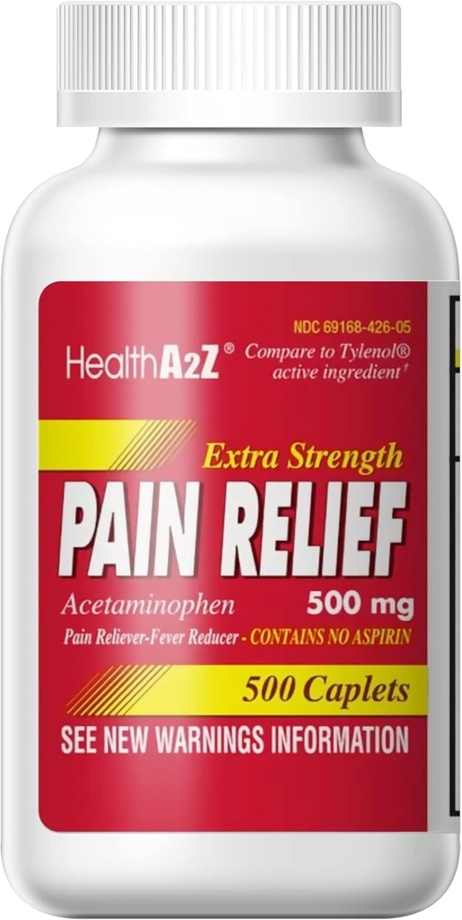 HealthA2Z® Extra Strength Pain Relief | Acetaminophen 500mg | Contains No Aspirin | Fever Reducer | Pain Reliever (500 Count (Pack of 1))