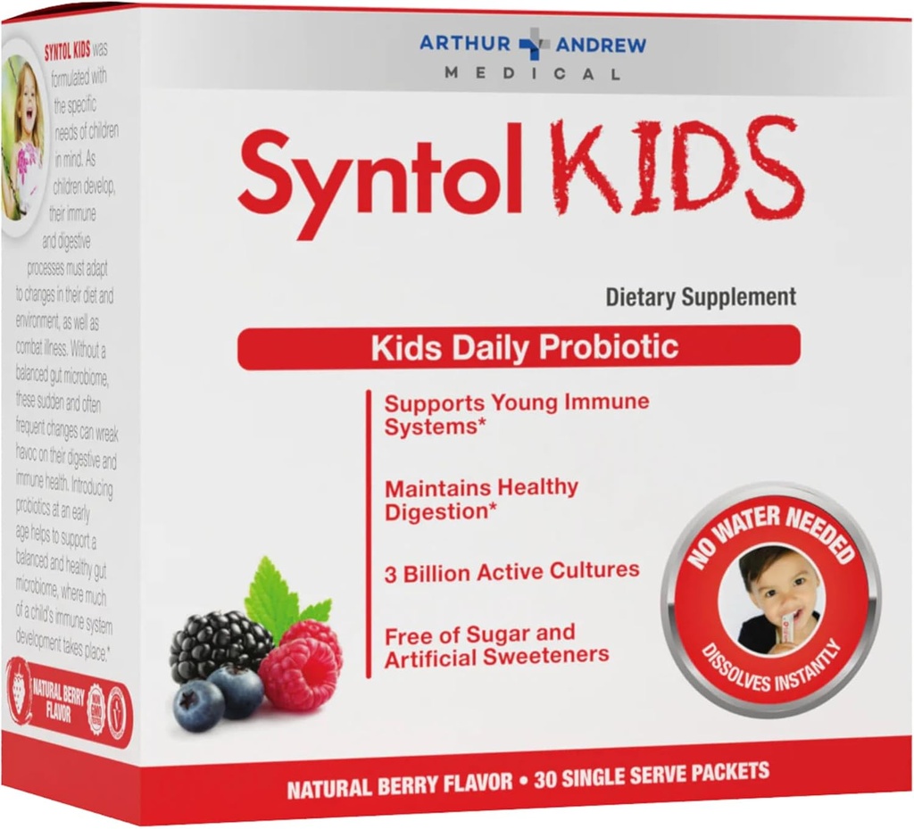 Arthur Andrew Medical, Syntol Kids, Supplément probiotique quotidien pour la santé digestive et les jeunes systèmes immunitaires, pas de sucre ou d'édulcorants artificiels, saveur de baie, végétalien, 30 sachets