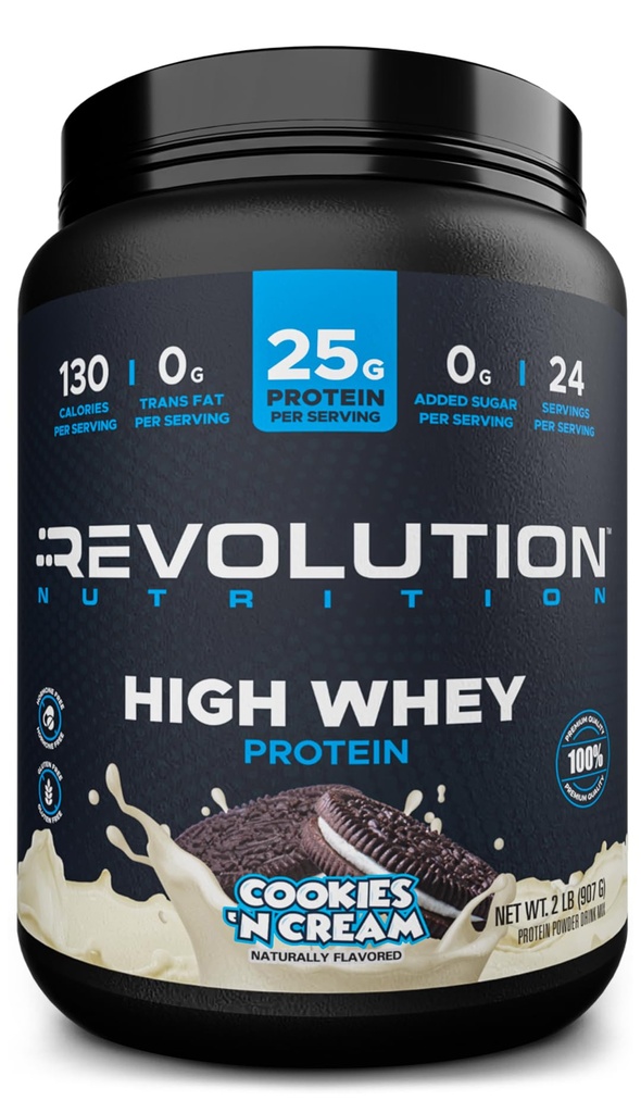 Revolution Nutrition, High Whey, Protéines en poudre 2LB, Whey Isolate, sans gluten, masse musculaire maigre pour les hommes et les femmes, 25g de protéines par scoop, 908 g, 24 portions (Cookies et crème, 2 livres)