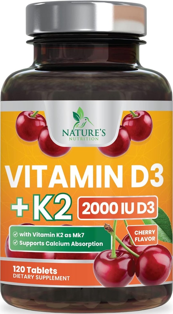 Vitamine D3 K2 2000 UI Plus avec K2 (MK-7) 75 mcg - Supplément complexe Vitamines D & K pour os, dents, muscles, absorption de calcium, soutient la santé immunitaire et cardiaque, non-OGM formule à croquer - 120 comprimés