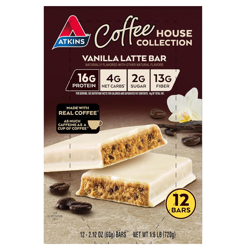 Atkins Coffee House Collection Vanilla Latte Bar, 16g de protéines, 2g de sucre, 4g de glucides nets, 13g de fibre, 12 Compte