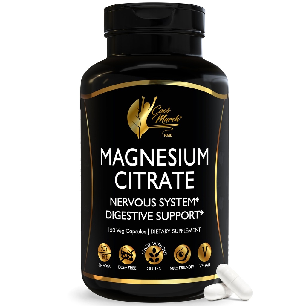 Cocó Mars N.M.D Citrate de magnésium 800mg par portion, sans gluten, soutient le sommeil, la santé digestive, la fonction musculaire et la relaxation, haute absorption, non-OGM, 120 capsules