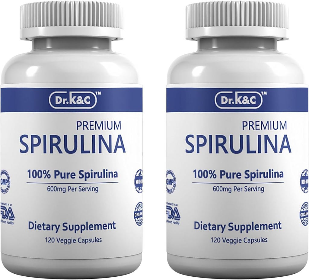 Dr K&C Organic Spirulina Superfood Supplement – Pure Natural Blue Green Microalguee 600 mg 240 Capsules Veggie Santé Système immunitaire Antioxydants Protéines Fibre No Filler Non OGM Vegan 2pk