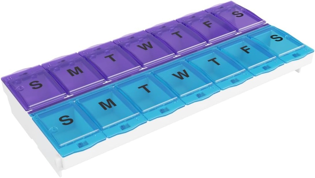 EZY DOSE Pill Organizer Weekly AM/PM (7 jours), planificateur de médicaments, boîtier/boîte à vitamines, compartiments de verrouillage de grande taille pour sécuriser l'ordonnance et prévenir les déversements accidentels, bleu et violet, sans BPA