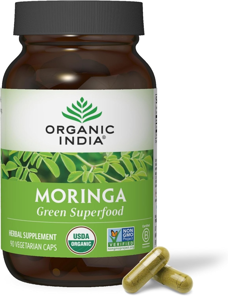 ORGANIQUE INDIA Moringa Capsules Organic - Moringa Supplément - Green Superfood, Moringa Leaf Capsules, Pure Supergreen, Vegan Greens, Multivitamine de la nature, Vegan, Sans gluten - 90 Capsules
