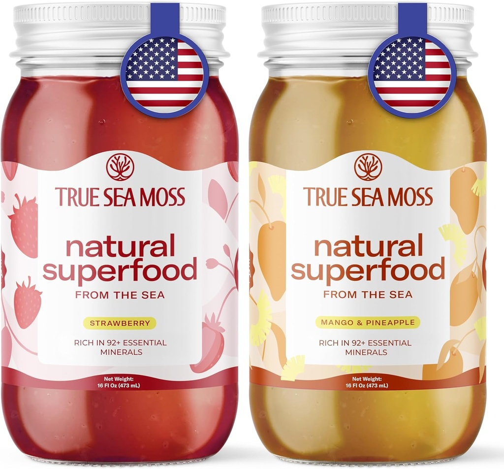 TrueSeaMoss Wildcrafted Irish Sea Moss Gel Mango and Strawberry Bundle Organic Raw Seamoss Riche en minéraux, protéines et vitamines