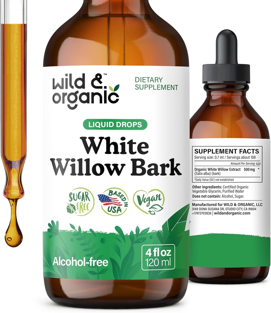 Teinture d'écorce de saule blanc sauvage et biologique - Supplément liquide pour le soutien global - Extraits de saule blanc sans alcool et sans sucre - Salix Alba Bark - Vegan, Pas d'additifs - 4 fl oz