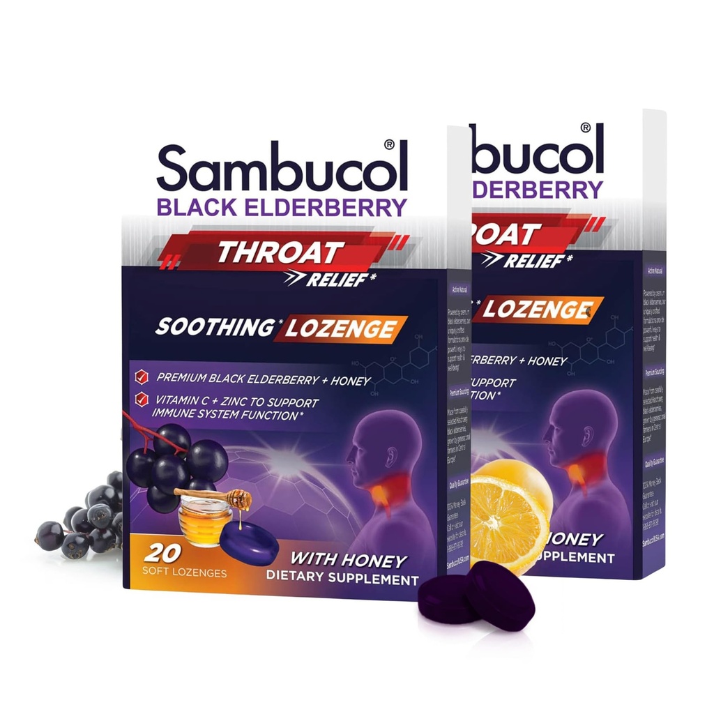 Sambucol Black Elderberry Throat Lozenge - avec le miel, la vitamine C et le zinc, les losanges de la mûre aînée Gorge et la toux, apaise la gorge grinçante, soutient l'immunité, doux et chétif - 20 comte, 2-paquet