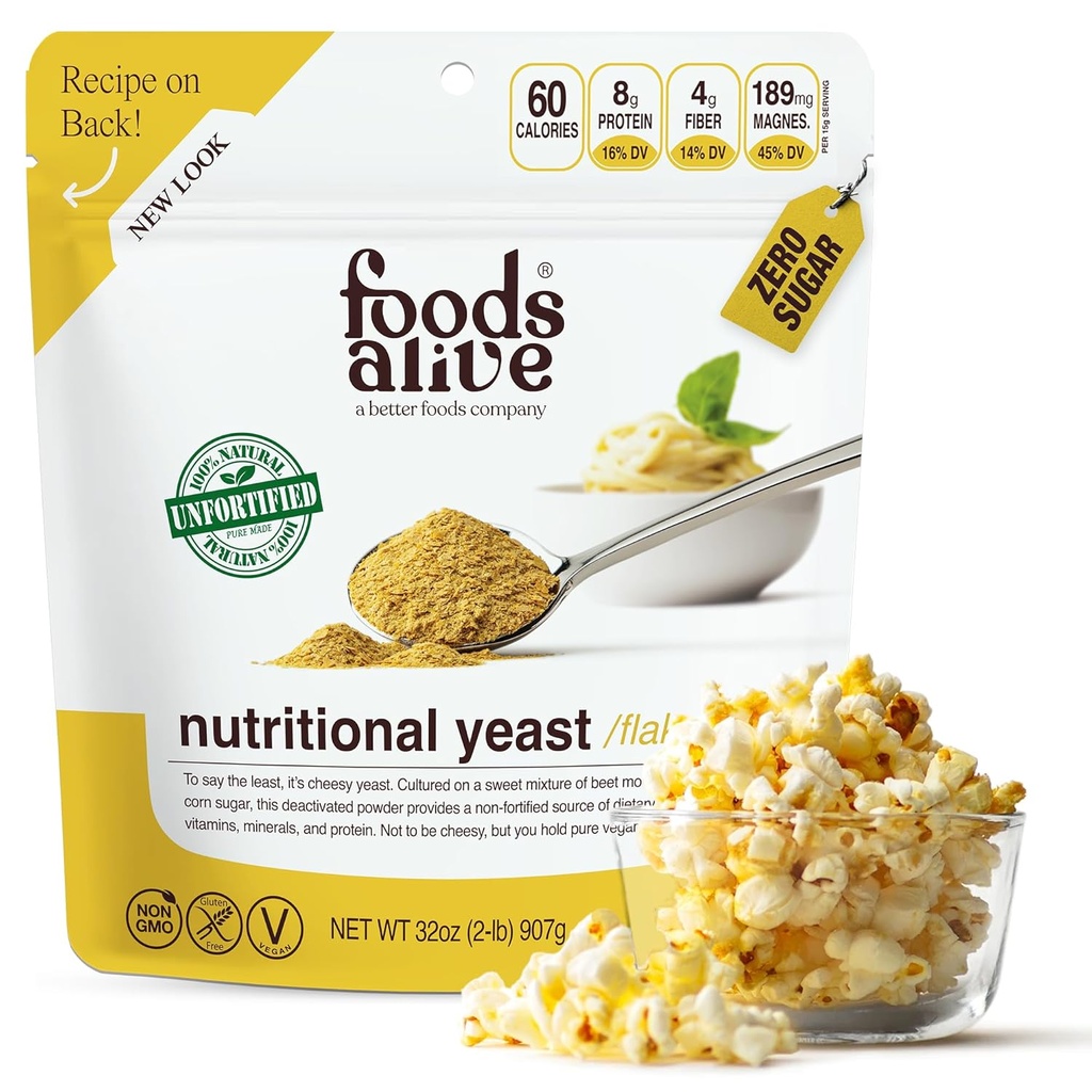 Foods Alive | Non-Fortified Premium Nutritional Yeast Flakes | 2 lbs | Unfortified Vegan Cheese Powder Seasoning