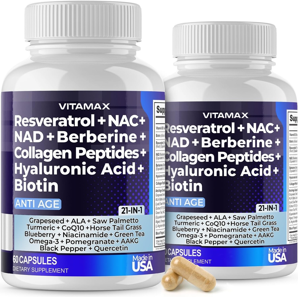 Vitamax Resveratrol NAD+ Berberine Acide Hyaluronique - Biotine Raisin et bleuet + NAC - Collagène Peptides - Supplément cheveux, ongles, peau et articulations - 21-en-1 Femmes et hommes - Fabriqué aux États-Unis - 120 Compte