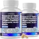 Vitamax Resveratrol NAD+ Berberine Acide Hyaluronique - Biotine Raisin et bleuet + NAC - Collagène Peptides - Supplément cheveux, ongles, peau et articulations - 21-en-1 Femmes et hommes - Fabriqué aux États-Unis - 120 Compte