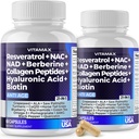 Vitamax Resveratrol NAD+ Berberine Hyaluronic Acid - Biotin Grape & Blueberry + NAC - Collagen Peptides - Hair, Nail, Skin & Joint Supplement - 21-in-1 Women and Men - Made in USA - 120 Count