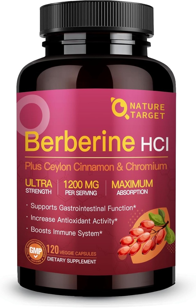 NATURE TARGET Berberine HCl 1200mg, Supplément Berberine avec Ceylan Cinnamon, Chromium - Supports Immune, Gastro-intestinale & Santé cardiovasculaire, Non-OGM, 120 Capsules