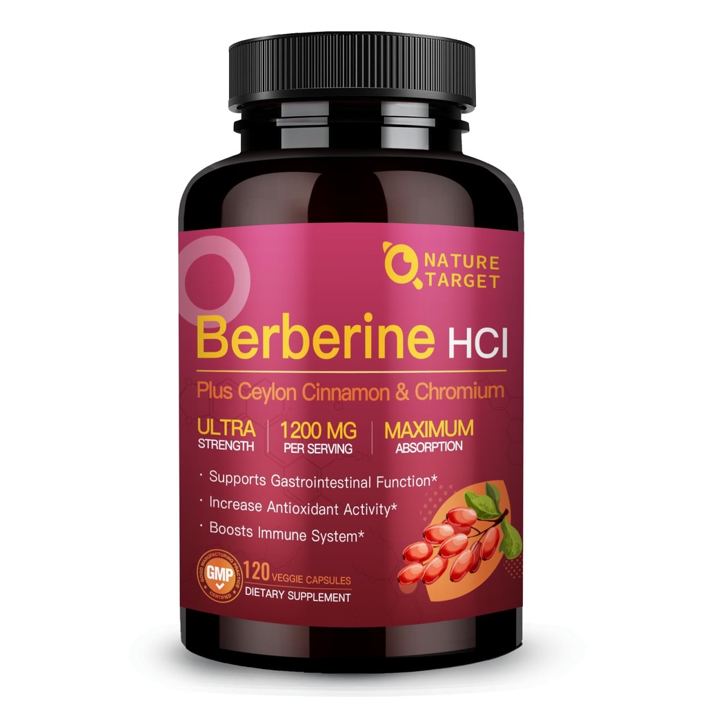 NATURE TARGET Berberine HCl 1200mg, Supplément Berberine avec Ceylan Cinnamon, Chromium - Supports Immune, Gastro-intestinale & Santé cardiovasculaire, Non-OGM, 120 Capsules