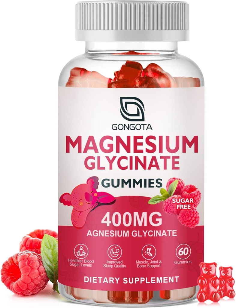 Glycinat de magnésium 400 mg avec 100 mg de magnésium composite - supplément de potassium de magnésium chélaté avec vitamine D, B6 soutient le calme, le sommeil, la mémoire et les crampes musculaires, sans sucre - 60 gommies