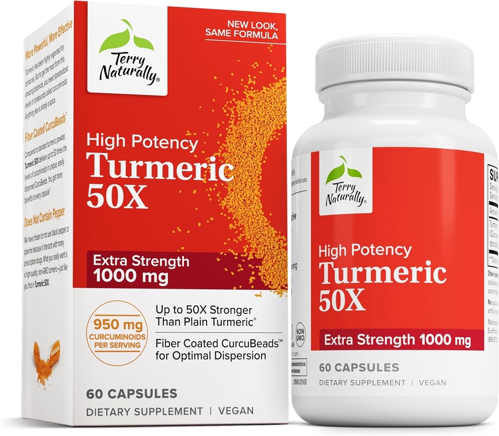 Terry Naturally Turmeric 50X - Supplément diététique pour le soutien de la santé du cerveau et du coeur - Turmère extra-fort pour aider la santé immunitaire - Supplément non-OGM - 60 capsules