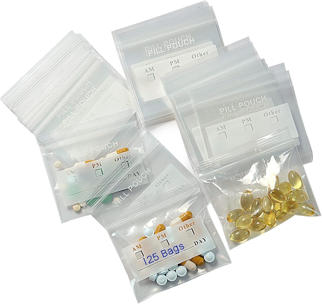 125 Packs 6 Sacs à pilules Sturdy Mil BPA Pill Pouch 3 x 2.75 pouce Écrire sur l'étiquette Etiquette étanche Sacs en plastique transparents et réutilisables pour l'organisateur de pilules de voyage, bijoux et pièces pour petits bateaux