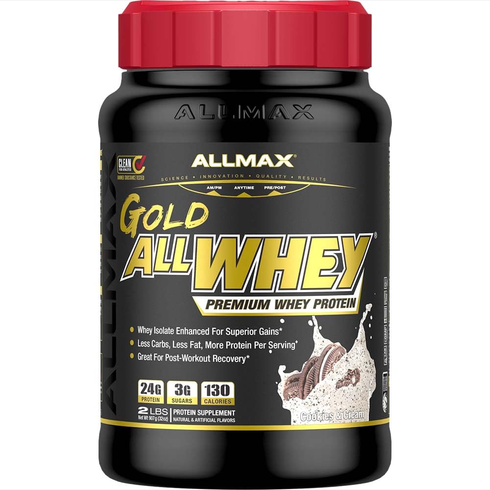 ALLMAX Nutrition Or ALLWHEY, Cookies et Crème - 2 lb - 24 grammes de protéines par scoop - Sans gluten, faible teneur en glucides et faible teneur en sucre - Env. 30 portions