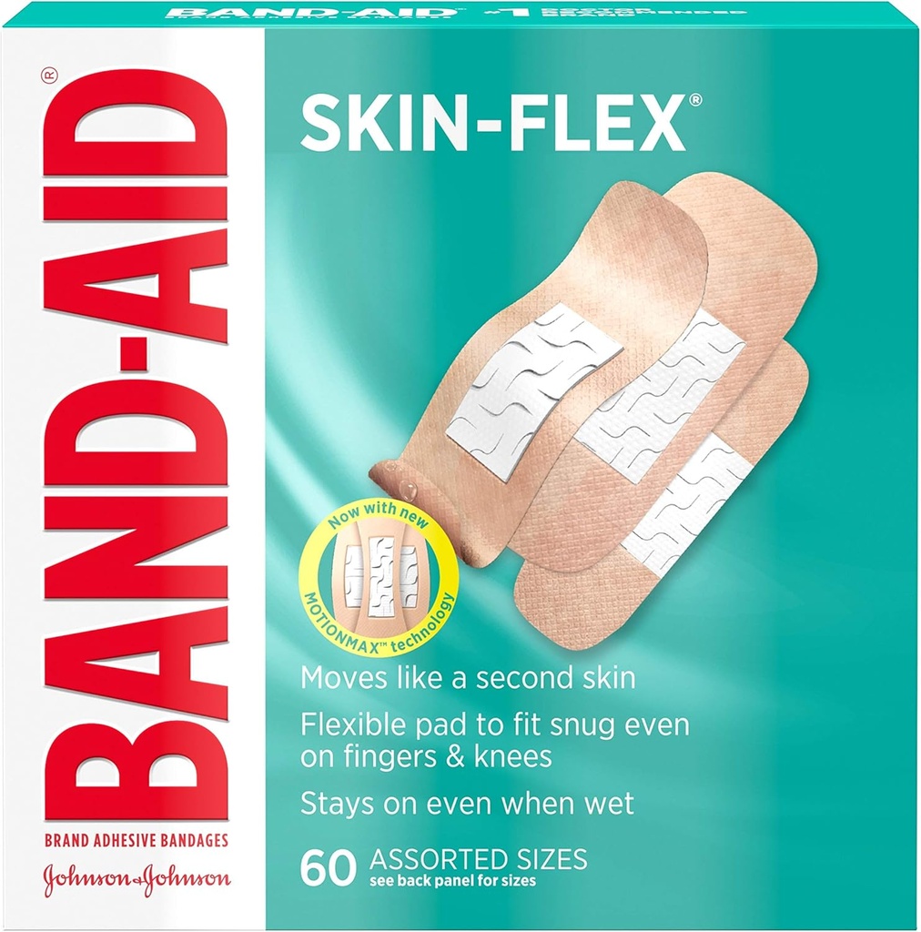 Band-Aid marque Skin-Flex Bandes adhésives pour les premiers soins et soins de la plaie des coupures mineures, des éraflures et des brûlures, bandes stériles flexibles Idéales pour les doigts, les mains et les genoux, tailles assorties, 60 ct