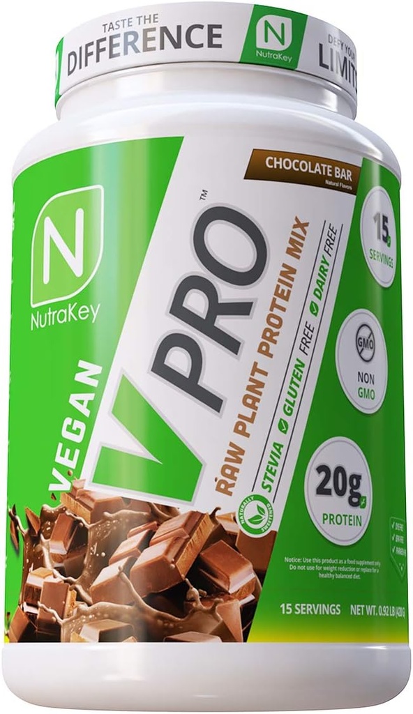 NutraKey V-Pro, Raw Plant Protein Powder, Organic, Vegan, Low Carb, Gluten Free with with 20g of Protein (Chocolate) 2-Pound