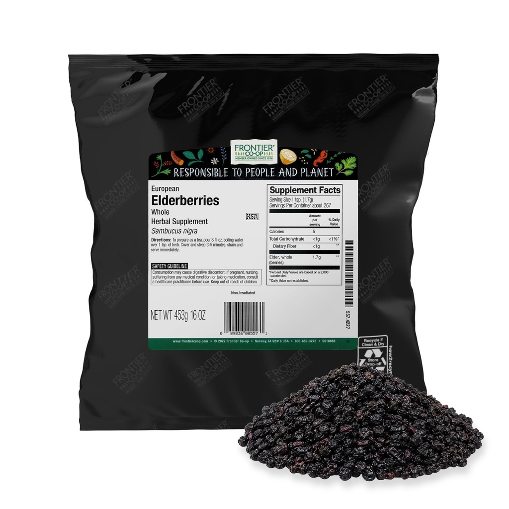 Frontier Co-op Elderberries séchées, sac en vrac de 2 livres, baies entières - Kosher et fruits séchés non-OGM pour la poudre, le thé et le sirop
