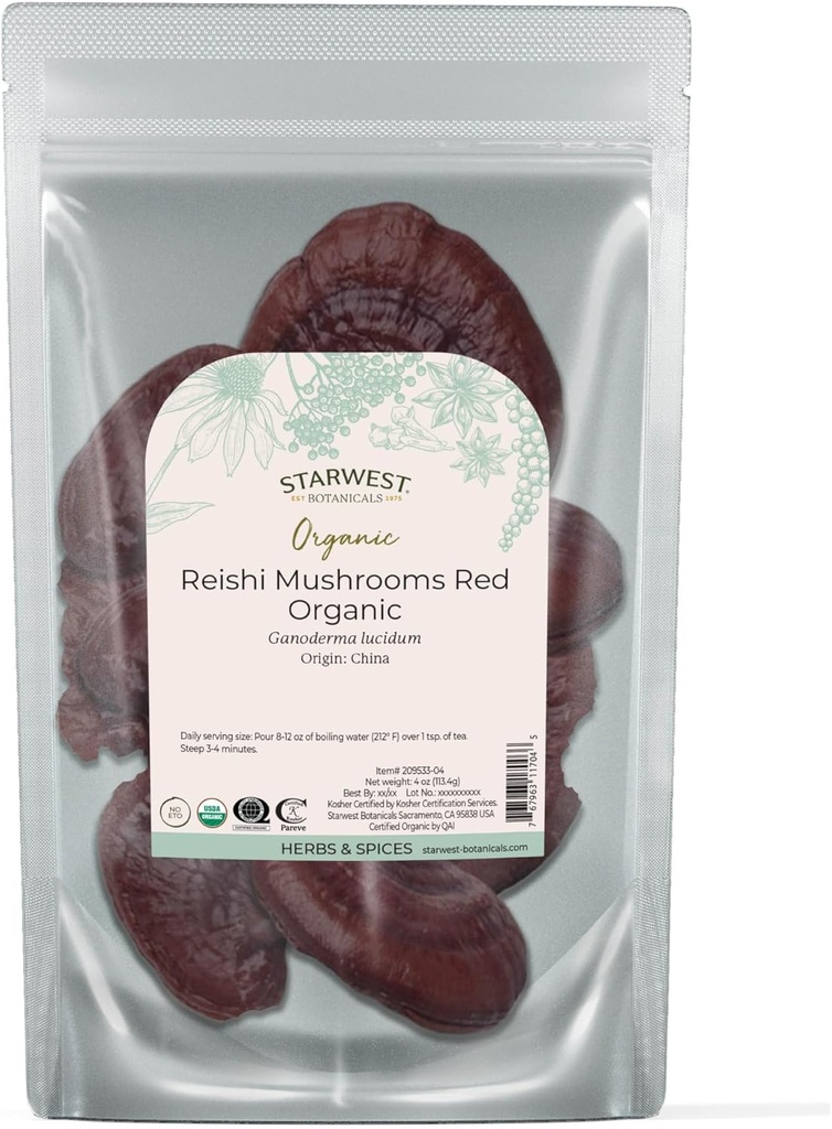 Starwest Botanicals Rouge Reishi Champignons Biologique - Champignons Reishi séchés pour le thé et la cuisine à base de plantes, Ganoderma Lucidum, certifié Kosher, Non-OGM - 4 oz Pouch