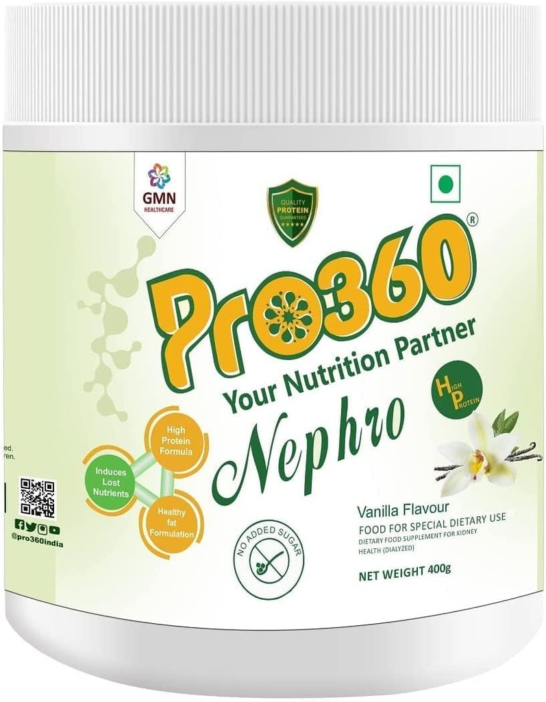 Pro360 Nephro HP - Soins de dialyse Boissons protéiques nutritionnelles (arôme de vanille) Pas de sucre ajouté, supplément diététique spécial pour la santé rénale / rénale, 400 Gm