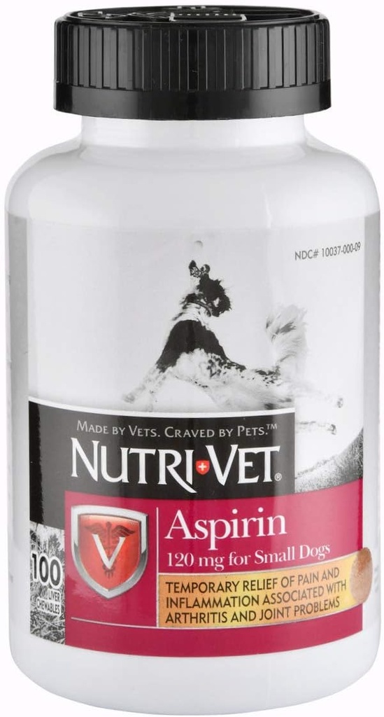 Nutri-Vet Aspirin pour chiens, Soulagement rapide de la douleur foie aromatisé comprimés à croquer pour petits chiens, 120mg - 100 Ct