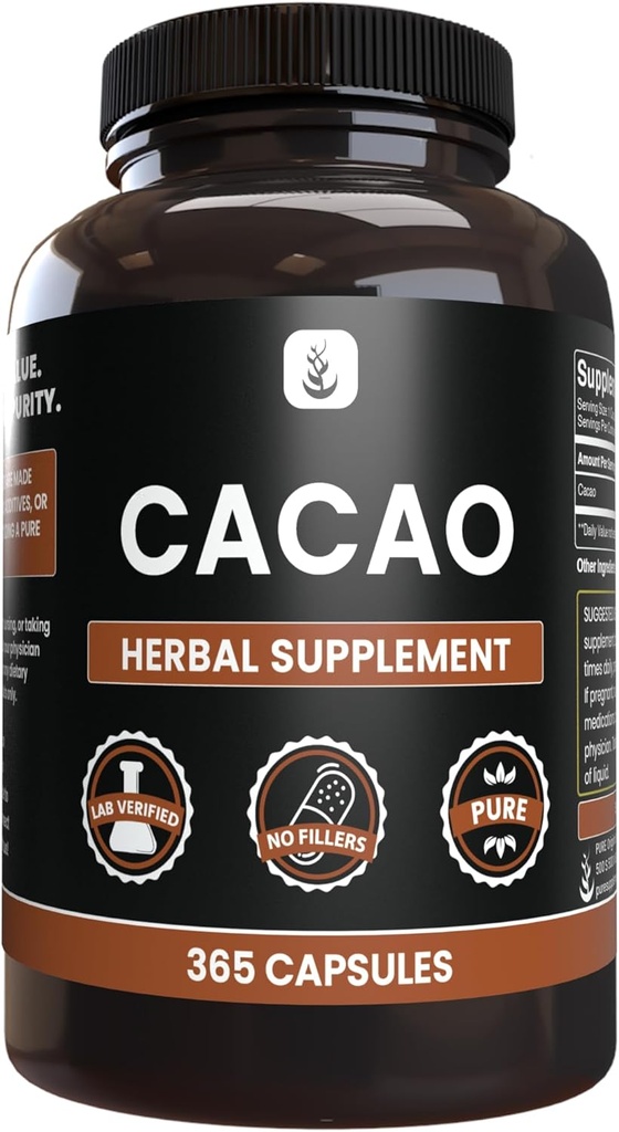 Ingrédients originaux purs Cacao (365 Capsules) Pas de Magnésium ou de Rice Fillers, Toujours Pure, Verified Lab