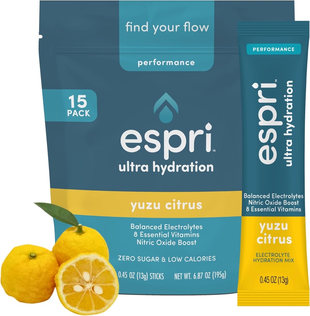 Mélange de boissons électrolytes de sucre zéro, Citrus de Yuzu, Packs d'hydratation, Boost d'oxyde nitrique, Calories basses, Citrate de magnésium empêche les crampes musculaires et améliore la récupération, 15 jours d'approvisionnement