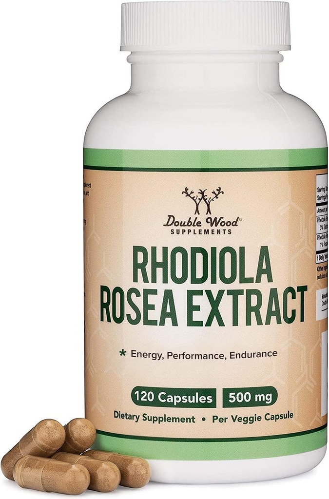 Rhodiola Rosea Supplément 500mg, 120 Capsules Vegan (Troisième Test, Sans gluten, 3% Salidrosides, 1% Extrait de Rosavins) pour la performance, Calme, Motivation par Double Wood