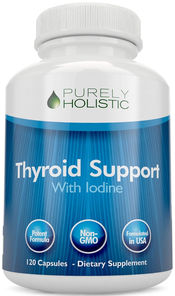 Supplément de support thyroïde purement holistique avec Iodine - 120 capsules - 2 mois d'approvisionnement - avec L-Tyrosine, B12, Magnésium, Ashwagandha, Kelp & More - Formulé pour les femmes - Non OGM
