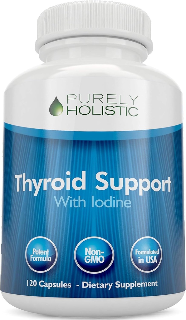 Supplément de support thyroïde purement holistique avec Iodine - 120 capsules - 2 mois d'approvisionnement - avec L-Tyrosine, B12, Magnésium, Ashwagandha, Kelp & More - Formulé pour les femmes - Non OGM