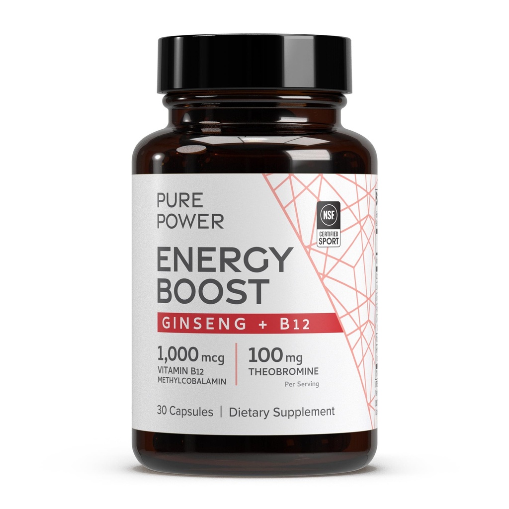 Dr Mercola Pure Power Energy Boost, 30 portions (30 capsules), Ginseng + B12, complément alimentaire, stimule l'énergie physique et mentale, non-OGM