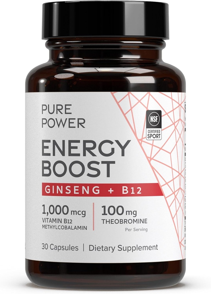 Dr Mercola Pure Power Energy Boost, 30 portions (30 capsules), Ginseng + B12, complément alimentaire, stimule l'énergie physique et mentale, non-OGM