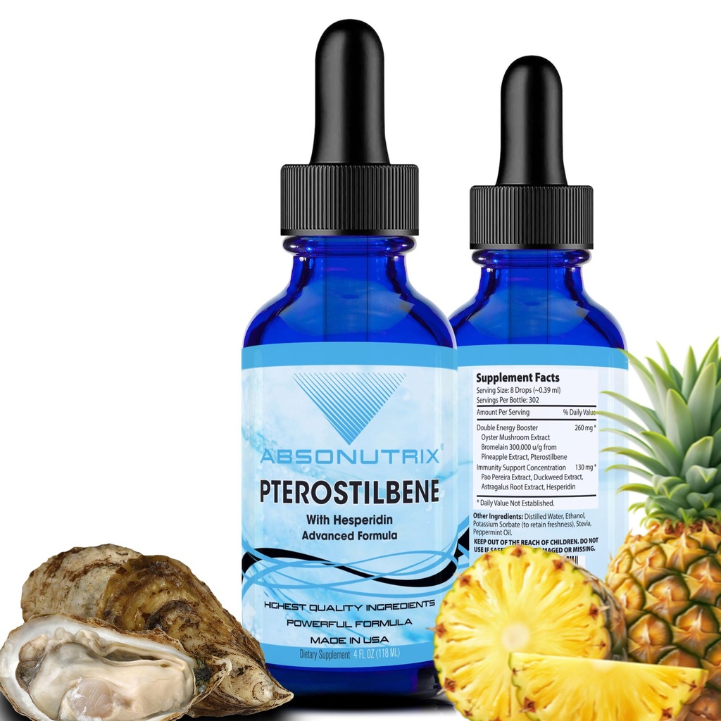 Absonutrix Pterostilbene avec Hespéridin 390 mg, 4 Oz liquide, 300 portions, Fabriqué aux États-Unis, Absorption rapide, Ingrédients de qualité, Non-OGM, Installations certifiées GMP, Produits sans cruauté