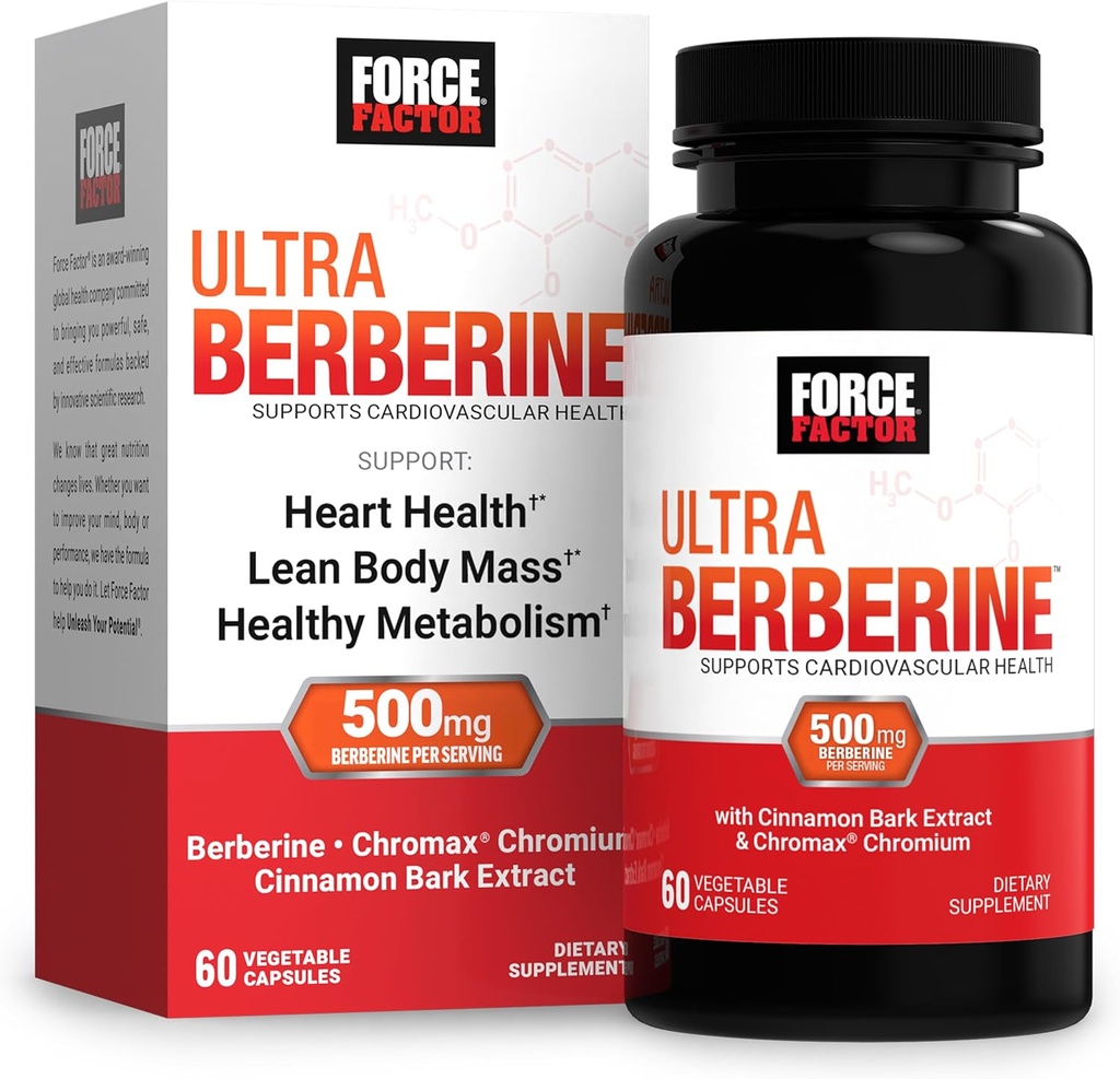 FACTEUR DE FORCE Ultra berbère, supplément berbère avec 500mg Berberine HCl Plus Chromium et extrait d'écorce de cannelle pour soutenir le métabolisme et le bien-être quotidien, non OGM, sans gluten, 60 capsules végétales
