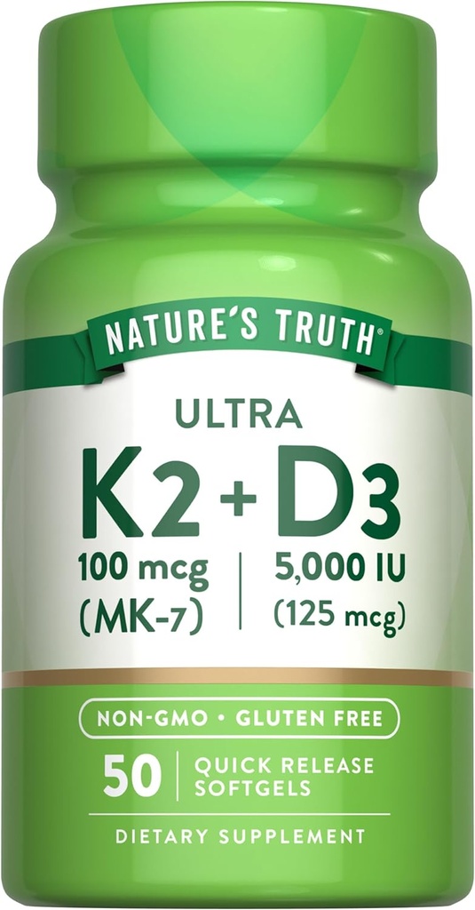 La vérité de la nature Complexe de vitamine K2 MK7 100 mcg de 50 softgels avec supplément sans OGM et sans gluten