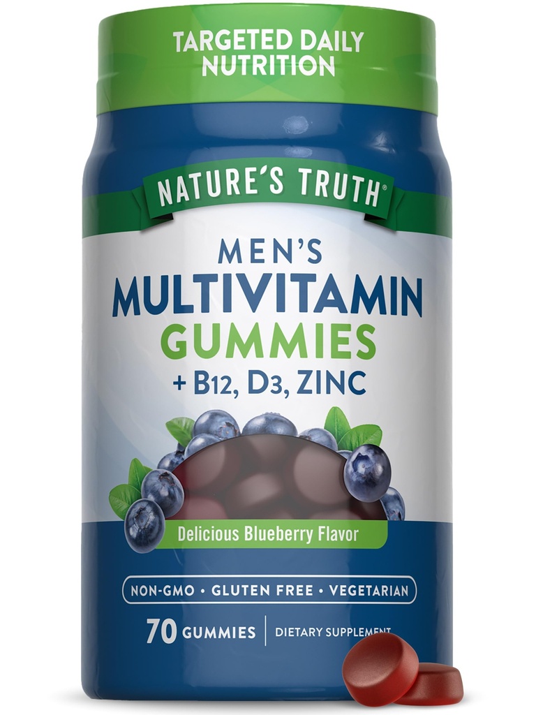 Multivitamine de la vérité de la nature pour les hommes Gummies de 70 comtes Blueberry Flavor avec B12, D3 et Zinc.