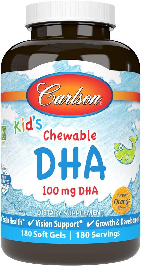 Carlson - Kid's Chewable DHA, 100 mg DHA, Santé du cerveau, Fonction de la vision, Croissance et Développement, Orange, 180 Softgels Chewable
