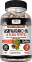 Kaya Naturals Ashwagandha Root with Black Pepper (en anglais seulement) Maximum Strength 1300mg Adaptogen Supplement, Support Adrénal, Glandular Health, Mood Relief, Focus, Energy & Vitalité pour les hommes et les femmes
