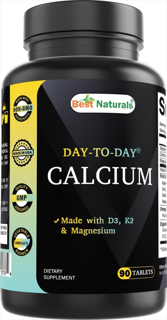Meilleur Calcium Naturel avec D3 K2 Magnésium 90 Comprimés - Fait avec Enzyme Digestive, Probiotiques, Oméga Blend