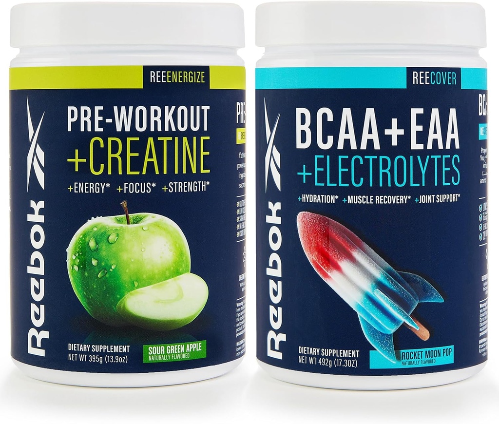 Reebok REEEnergize & REECover Bundle | Pre-Workout + BCAA Performance Pack | Sour Green Apple & Rocket Moon Pop | Complete Training System