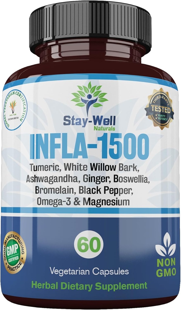 Infla-1500 Supplément de soulagement tout naturel Mélange d'extraits de curcuma, de saule blanche, d'Ashwagandha, de Ginger, de Boswellia, de Bromelain, d'Oméga-3 et de Magnésium-60ct