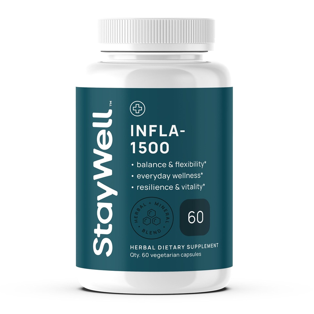 Stay-Well Naturals Infla-1500 All-Natural Relief Supplement Extract Blend with Turmeric, White Willow Bark, Ashwagandha, Ginger, Boswellia, Bromelain, Omega-3 and Magnesium-60ct