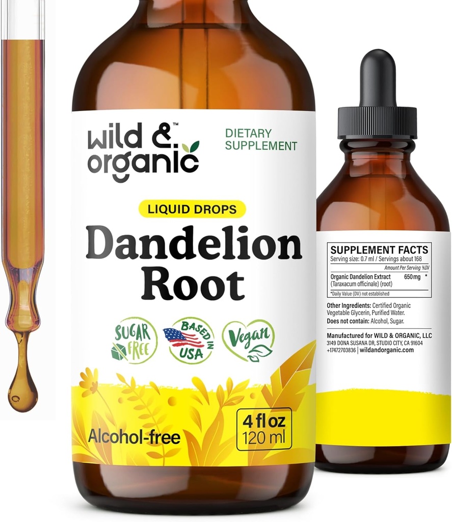 Wild & Organic Dandelion Root Extract Drops - Liver Cleanse Detox Support - Dandelion Tincture for Liver Health - Vegan, Sugar & Alcohol-Free Liquid Supplement - 4 fl oz